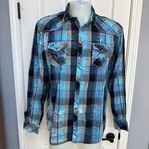 BKE Vintage 1967 Shirt Men Blue Plaid Western Pearl Snap Pockets Long Sleeve XL
